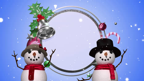 Animation-of-snow-falling-and-christmas-decorations-over-circle-with-copy-space-on-blue-background