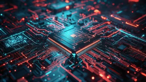 close-up view of a glowing circuit board with a central processor