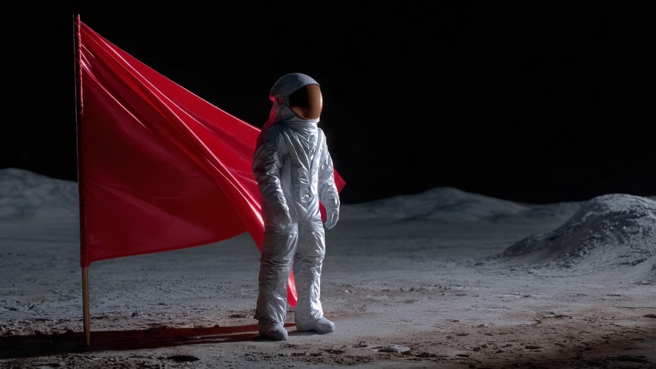 Astronauta de pie en la Luna sosteniendo una bandera roja bajo un cielo estrellado, capturando el espíritu de exploración y aventura en un misterioso paisaje lunar