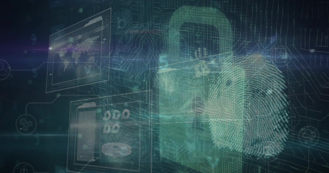 Animation of padlock icon over data processing and fingerprint on black background