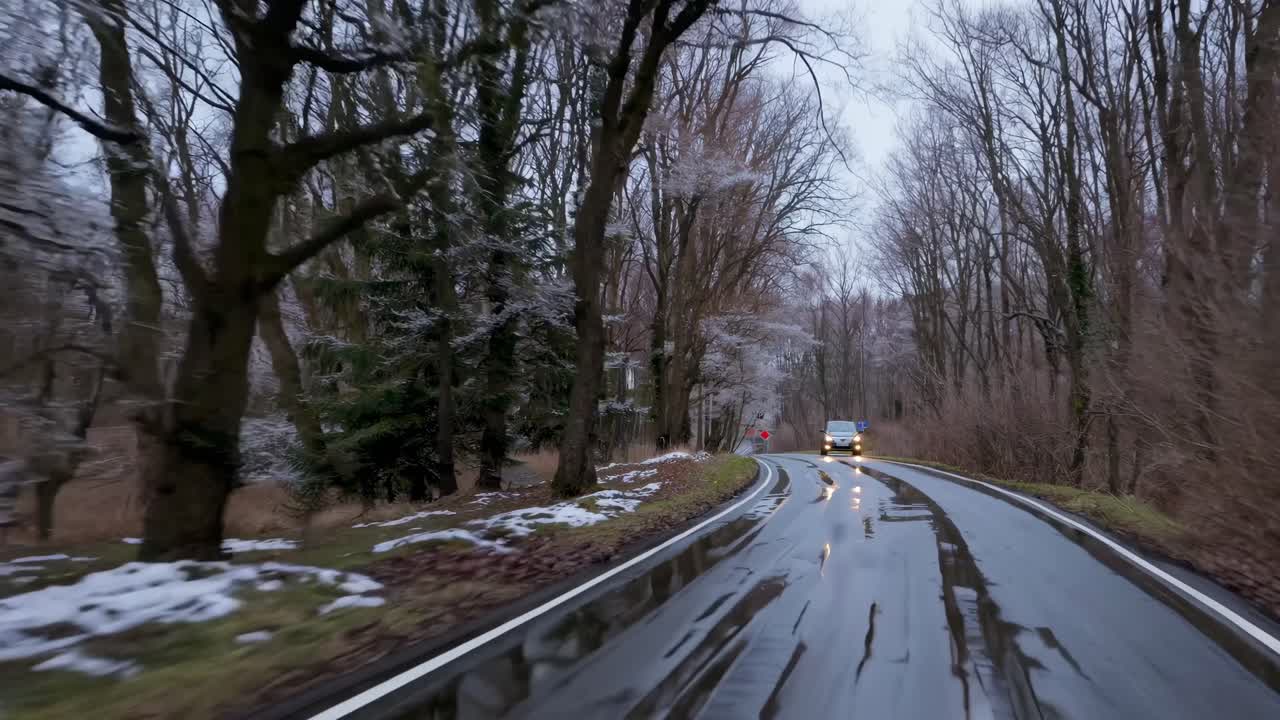 A dynamic video shot from a low angle captures a winding forest road with bare trees and patches