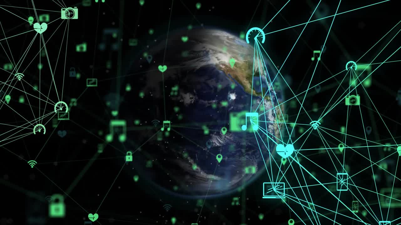 Lattice appearing at edge launching network toward rotating Earth, showing global data flow