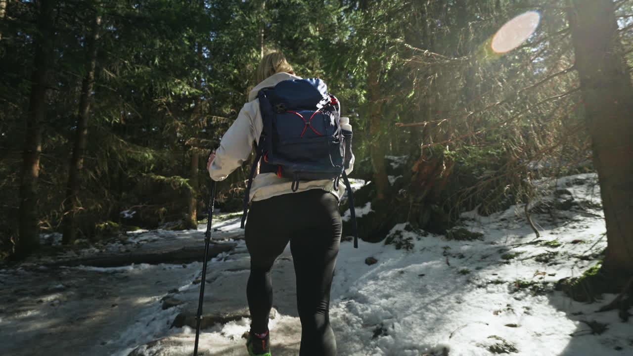 Backpacker woman hiking in a snowy forest. Low angle