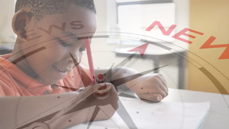 animation of compass with text over african american boy writing in notebook