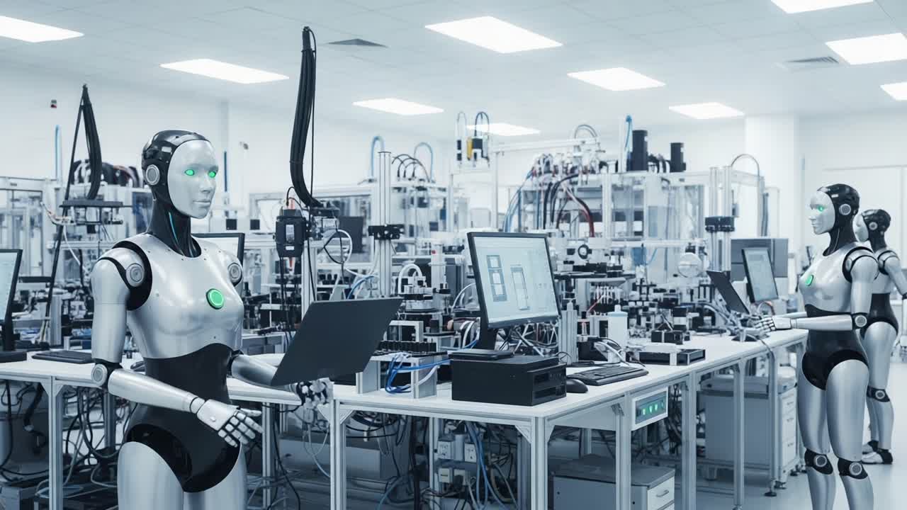 A View of Advanced Robotics in a High-Tech Manufacturing Lab, Showcasing Innovatively Designed Robots Engaged in Complex Tasks and Operations