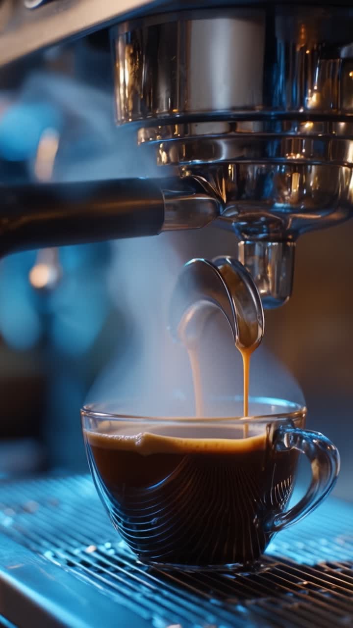 Aromi Accattivanti: Una Vista Ravvicinata del Caffè in Preparazione con Precisione, Che Mostra Vapore e Estratto Ricco in una Tazza Trasparente Sotto un'Illuminazione Soffusa