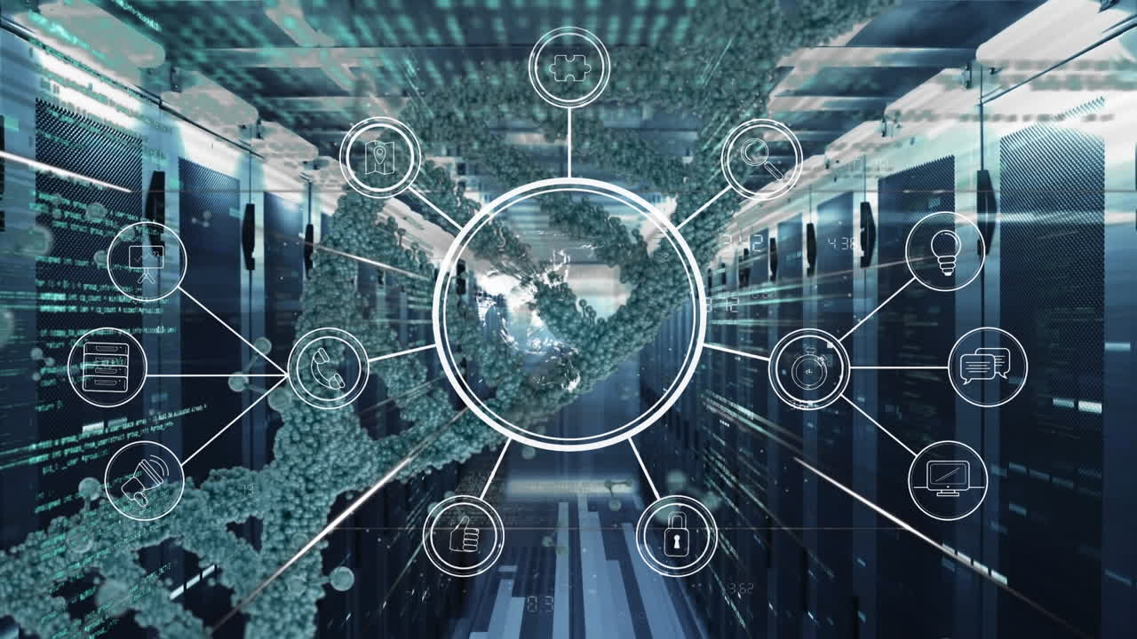 Animation of network of connections, dna strand and data processing over server room