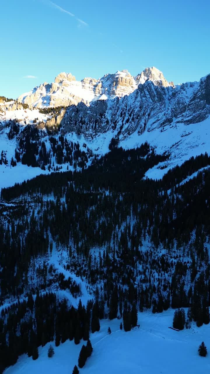 Kışın popüler turistik yeri Glarus İsviçre Alpleri Fronalpstock, İsviçre'de, dikey video makarası