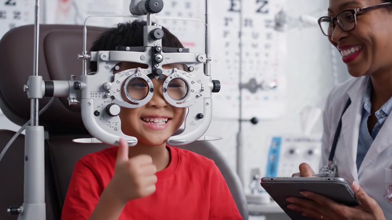 Child's Eye Examination: A Young Boy Enjoys His Vision Test in an Optometrist's Office with a Professional Eye Doctor, Ensuring Healthy Sight and Clear Vision.