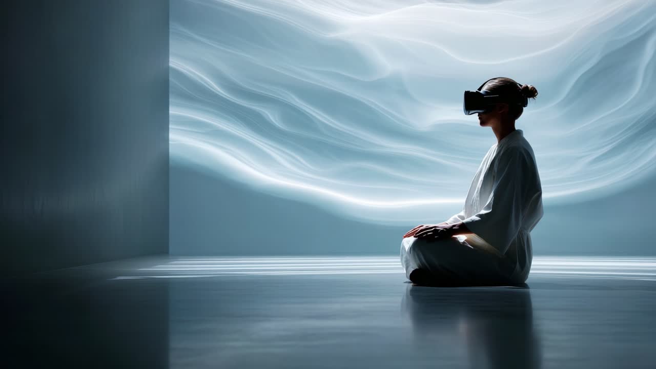 A person immersed in virtual reality, wearing a headset and seated in a meditative posture, surrounded by an ethereal backdrop of flowing light and soft textures, creating a serene atmosphere