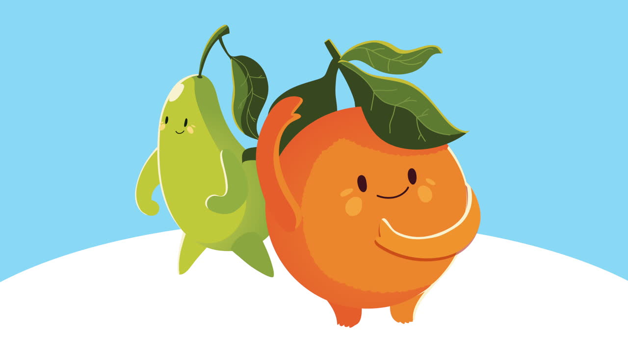 frutas de pêra e laranja personagens de animação
