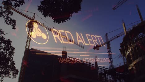 animation of red alert text over building site