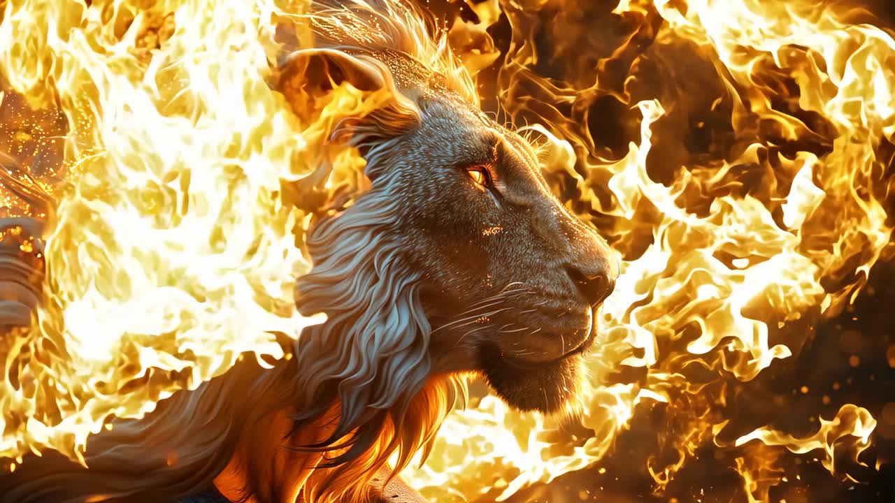 A lion with a fiery mane and glowing eyes. The lion is surrounded by a lot of sparks and fire, giving the image a dramatic and intense mood