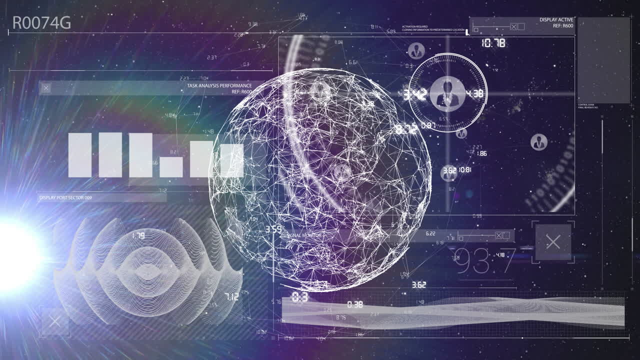 Animation of digital globe with network connections and data analytics interface