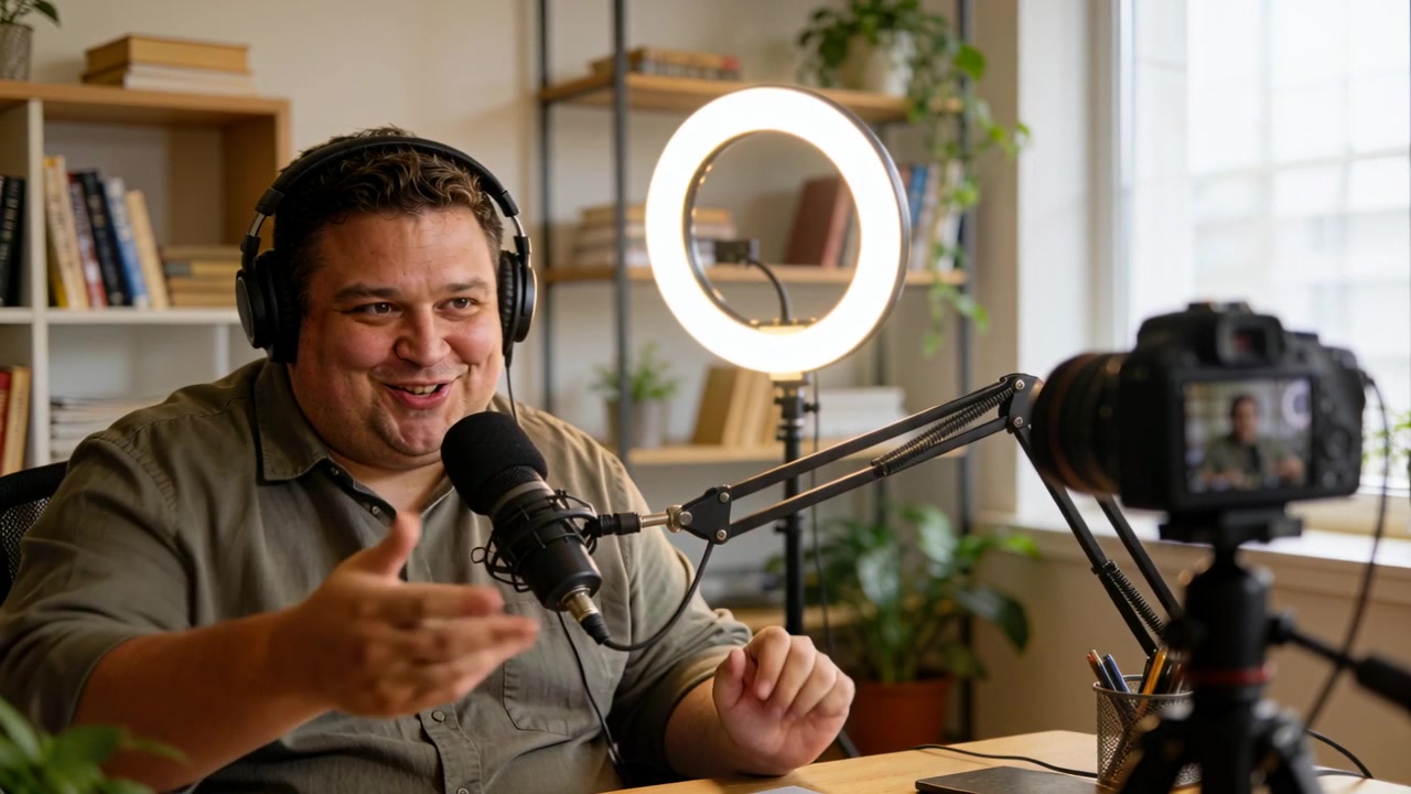 La cámara graba, un presentador masculino en camisa ajustándose los auriculares, hablando al micrófono para grabar un podcast en casa.