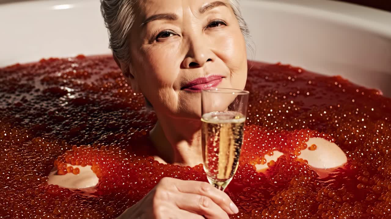 Woman Enjoying a Caviar Bath with Champagne