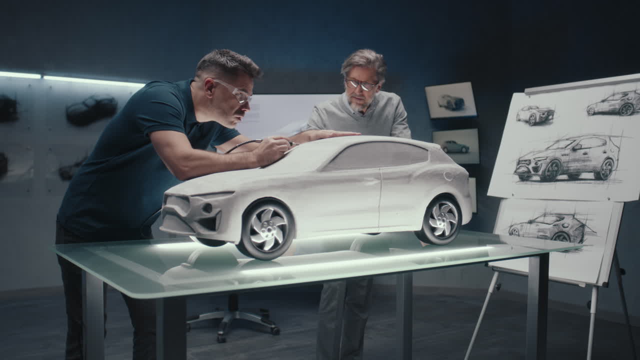 자동차 디자인 팀이 점토 모델을 작업하고 있습니다.