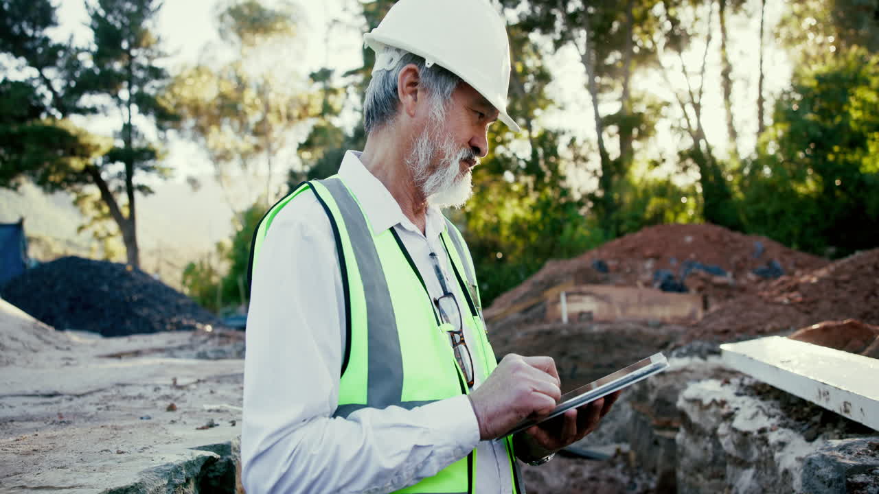 trabajador de la construcción usando una tableta en el sitio de construcción