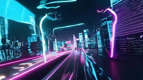 car drives through a vibrant futuristic city, illuminated by glowing neon lights against a dark urban backdrop