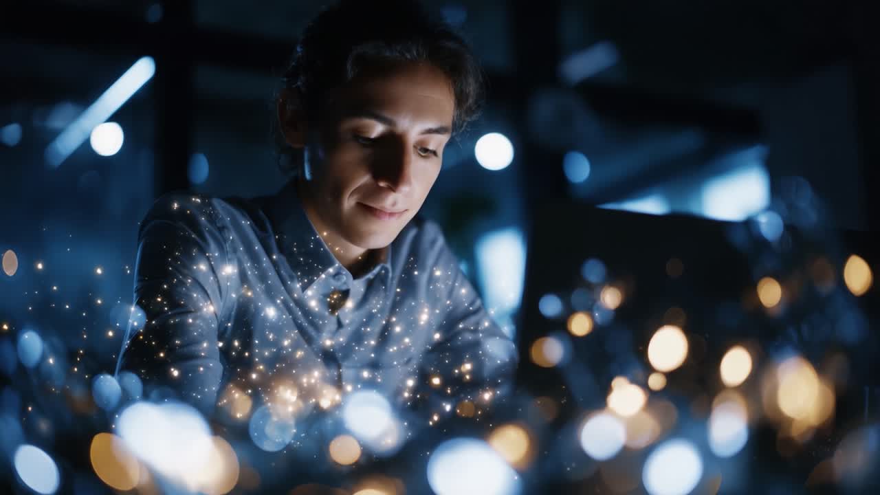 Una persona concentrata interagisce con una visualizzazione luminosa e piena di stelle sul suo laptop, creando un'atmosfera affascinante e fantasiosa, ricca di creatività e innovazione