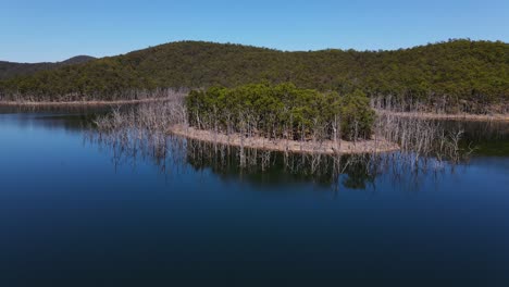 Dead-Trees-In-Shallow-Water-Surrounding-The-Islet-With-Lush-Trees---Hinze-Dam-And-Advancetown-Lake---Gold-Coast,-QLD,-Australia