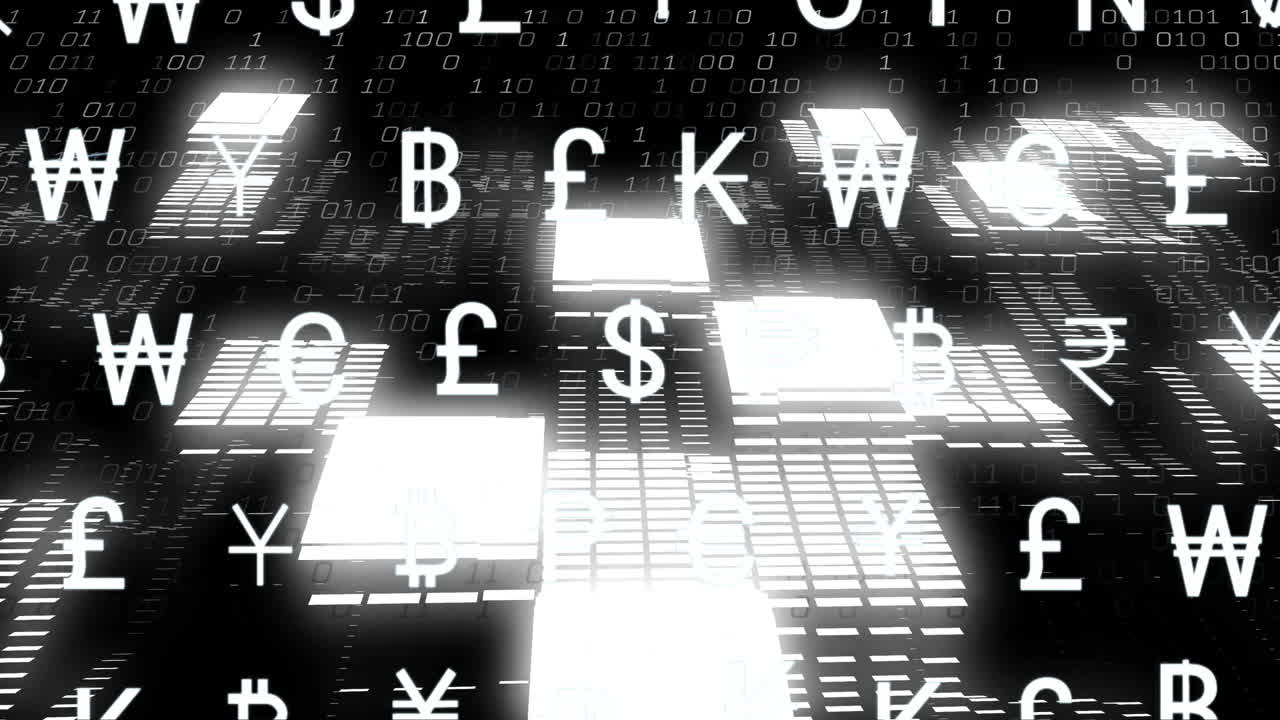 Animazione di simboli di valuta ed elaborazione di dati finanziari
