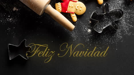 animation of feliz navidad text and christmas cookies on black background