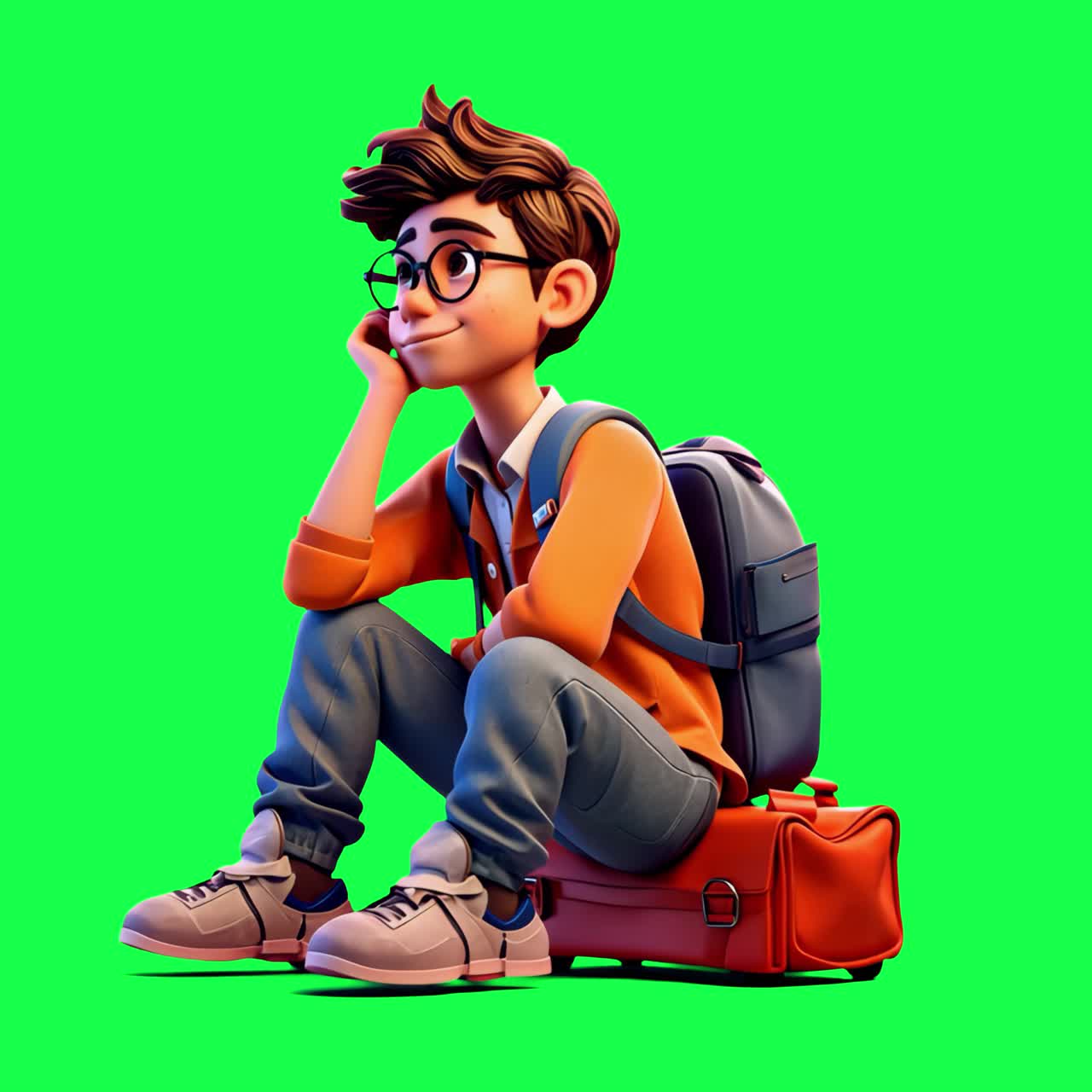Young man sitting on bag animation, transparent 4K video, green screen animation, transparent 4K