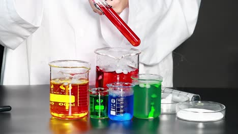 a scientist mixes colorful liquids in beakers, showcasing a vivid chemical reaction process.