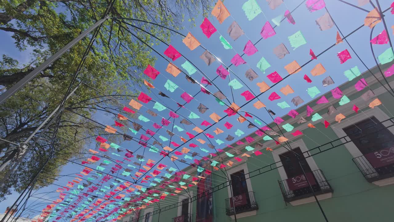 Footage of the historic center of Tlaxcala, Mexico, showcasing colonial architecture, the main plaza, and surrounding buildings