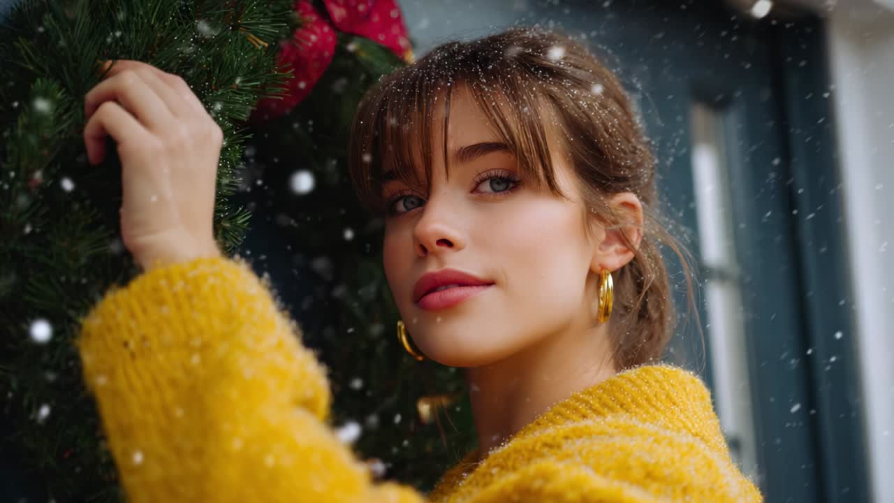A young woman in a cozy yellow sweater adorned with festive earrings, joyfully admires a beautifully decorated Christmas wreath while enjoying a serene snowfall, capturing the essence of holiday cheer and warmth