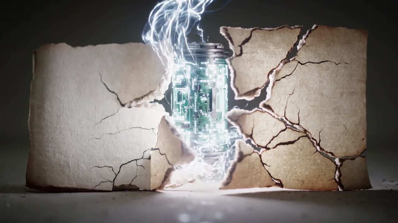 Cracking torn panel from top crack, exposing glowing cylinder in studio, emitting sparks, steam