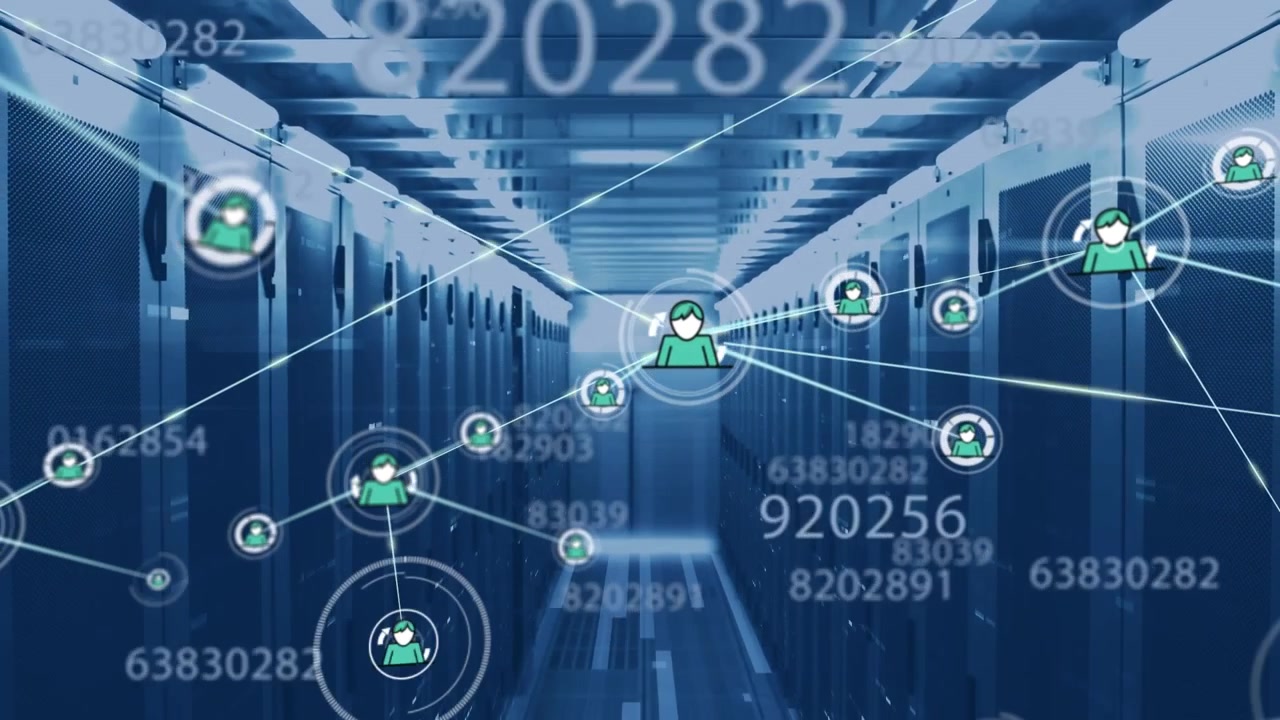 Animation of network of connections with digital icons and numbers over computer servers