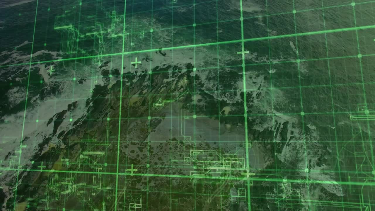 Grid overlay receiving activation signal, shifting horizontally while scanning coastline nodes