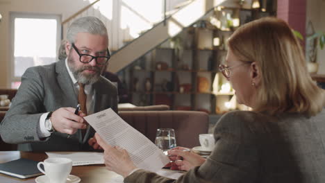 senior business partners discussing agreement in restaurant