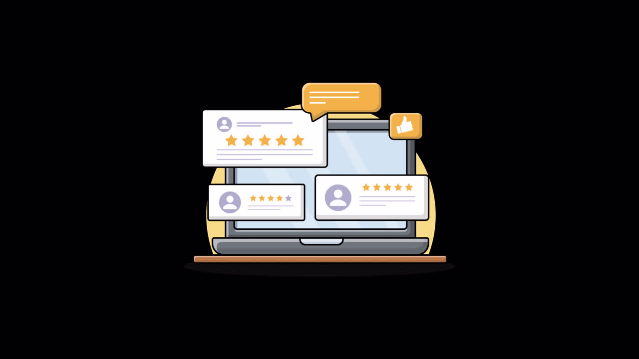 Animated Laptop Displaying Online Customer Reviews and Star Ratings