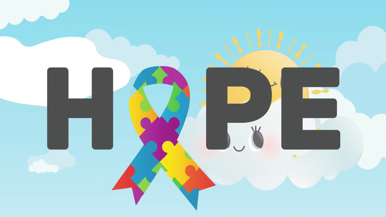 리본을 형성하는 다채로운 퍼즐 조각의 애니메이션과 하늘 위의 희망 텍스트