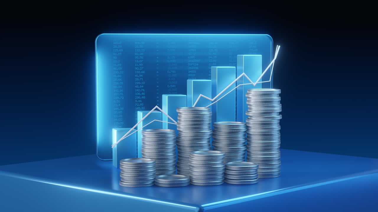Stacks of coins in front of a dynamic digital display showing financial data charts and graphs indicating growth success investment and prosperity