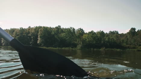 Boat-oar-rowing-through-water-on-lake,-Slow-Motion