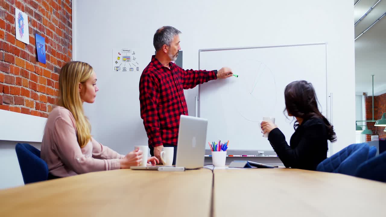 ejecutivos de negocios discutiendo en la pizarra durante la reunión