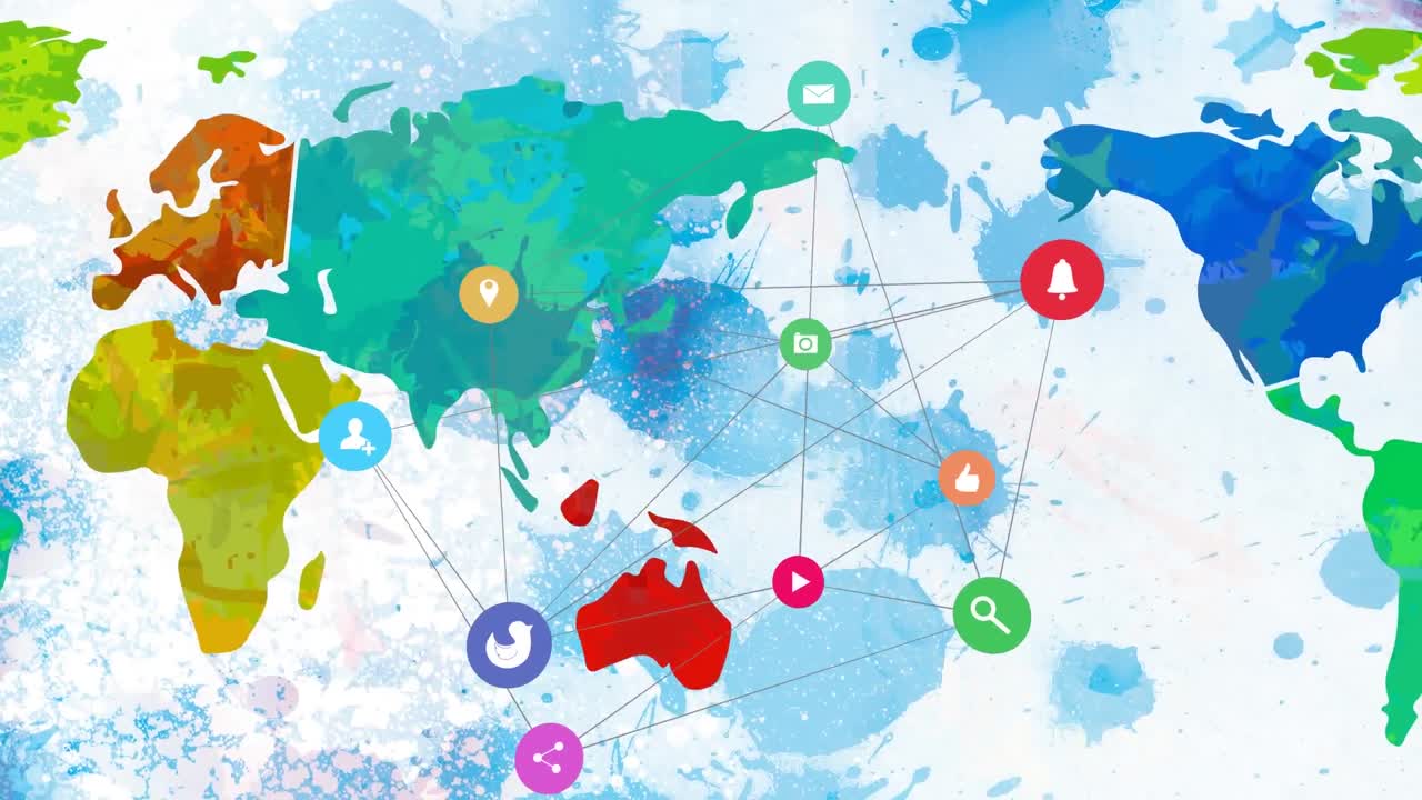 세계 지도를 가로지르는 연결 네트워크의 애니메이션