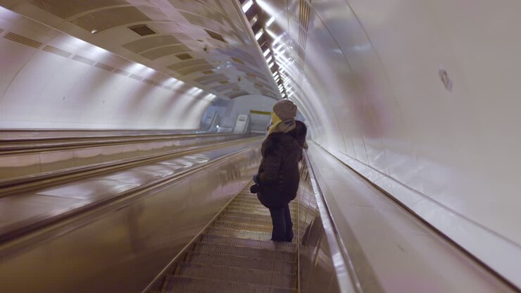 Person riding a long escalator in a modern subway station