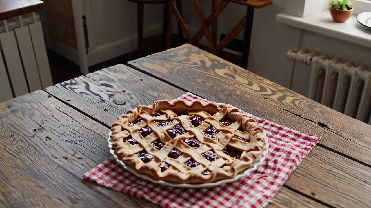 Freshly baked cherry pie with lattice crust sits invitingly on a checkered napkin atop a rustic wooden table in a cozy kitchen, filling the room with warmth and the promise of a sweet treat
