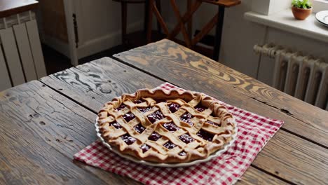 freshly baked cherry pie with lattice crust sits invitingly on a checkered napkin atop a rustic wooden table in a cozy kitchen, filling the room with warmth and the promise of a sweet treat