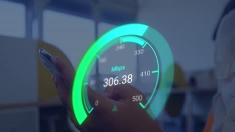 animation of green speedometer over hands of caucasian man using smartphone