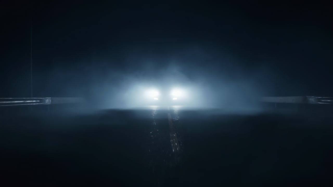 Headlights Pierce Fog On Highway, Wet Pavement Reflection And Distant Beams Grow Brighter, Approaching Vehicle