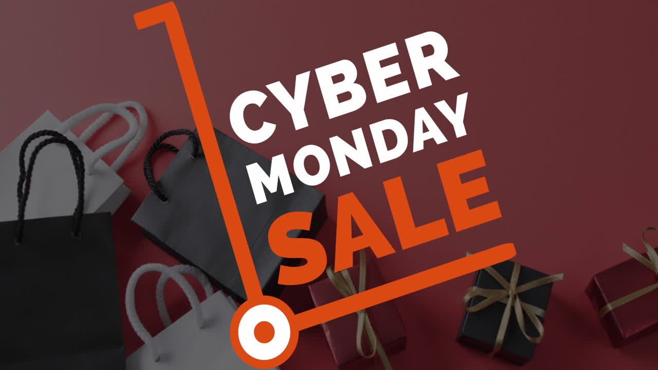 Animation of cyber monday sale text over gifts and bags