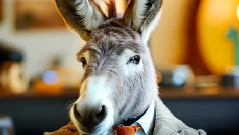 un burro con un traje y corbata sentado en una mesa