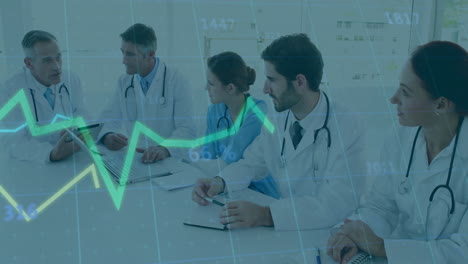 financial data animation, medical professionals in meeting room