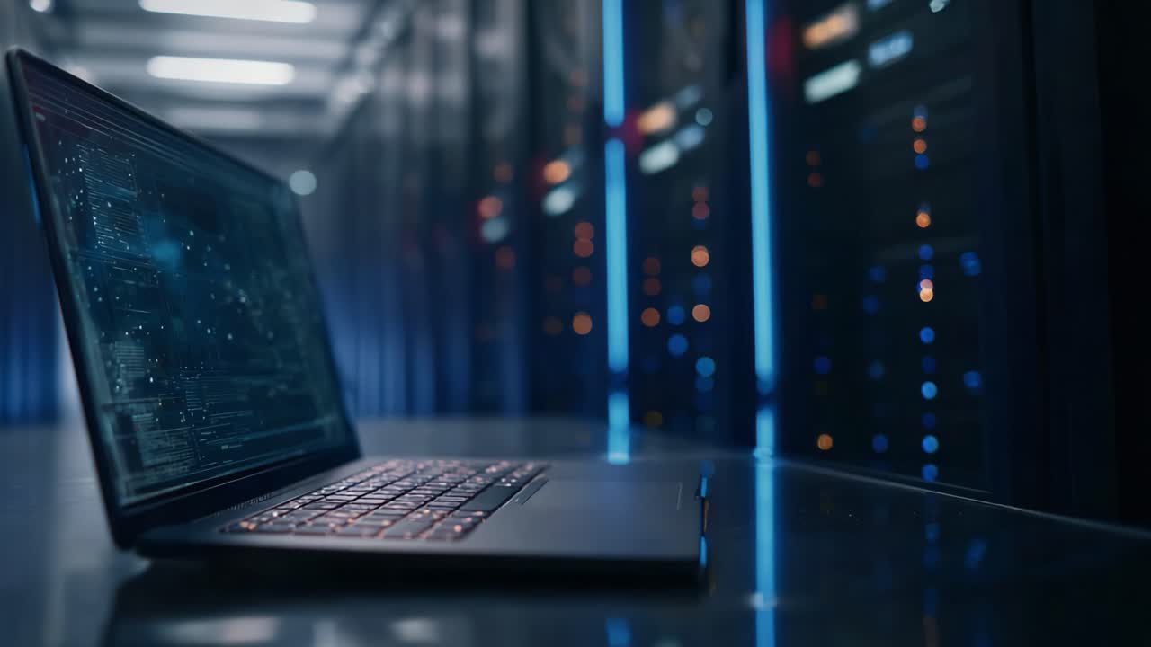 Un elegante portatile è appoggiato su una superficie di vetro in mezzo a una sala server high-tech, che mostra intricati dati digitali sullo schermo in un ambiente pieno di luci lampeggianti.